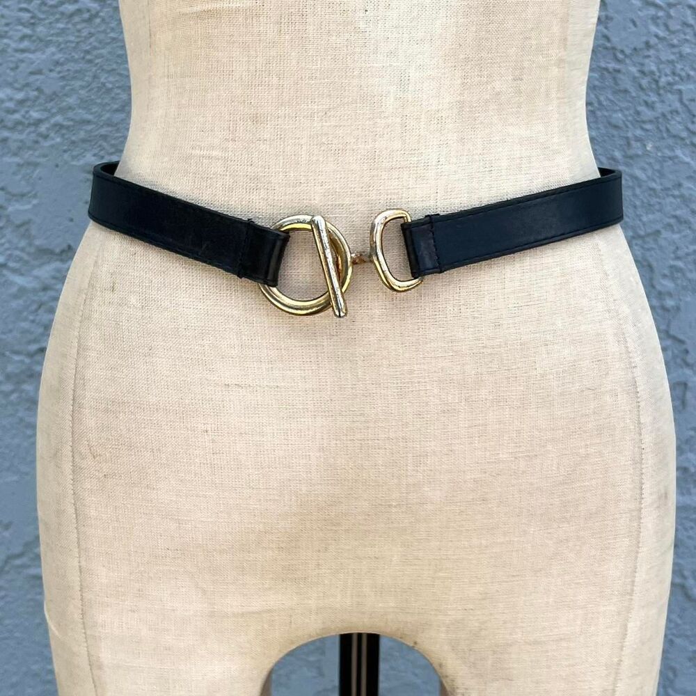Chico's Black Leather Belt Gold buckle chic